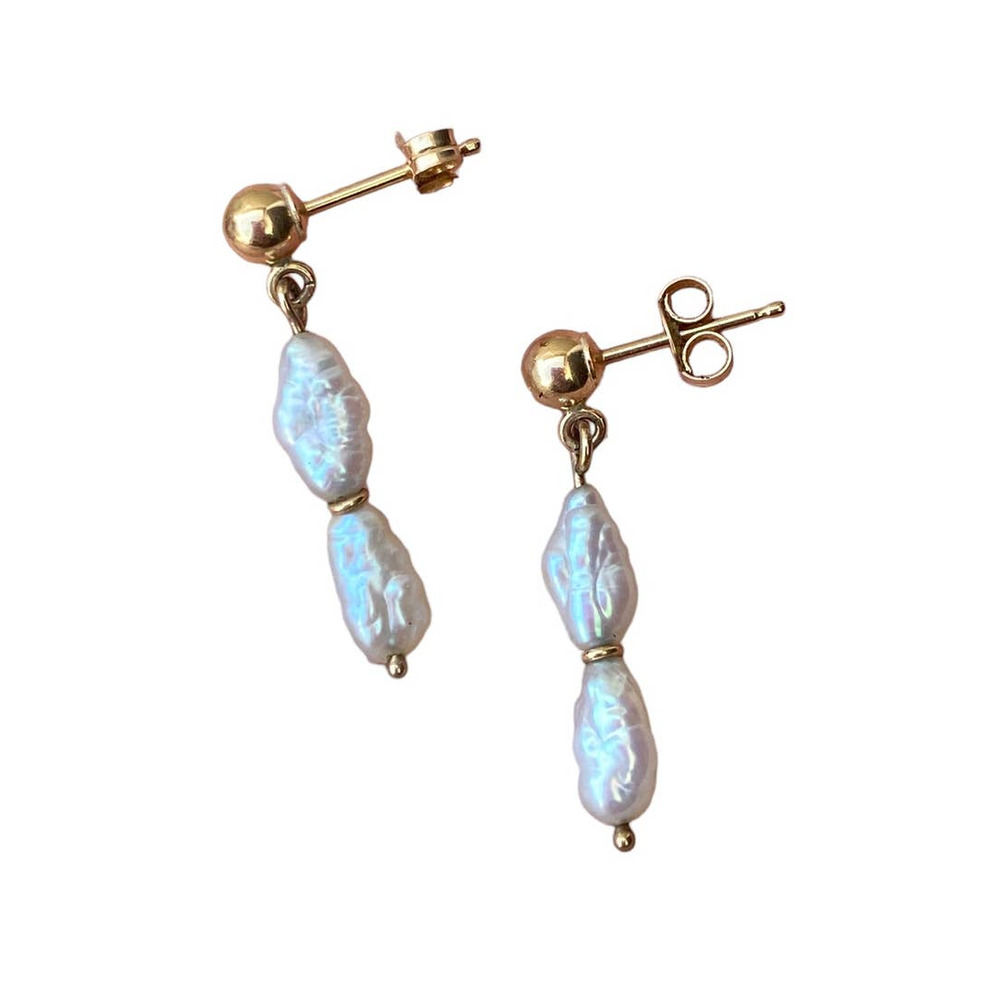 Vintage 14k Yellow Gold Baroque Dainty Freshwater Pearl Stud Dangle Earrings - Picture 2 of 4